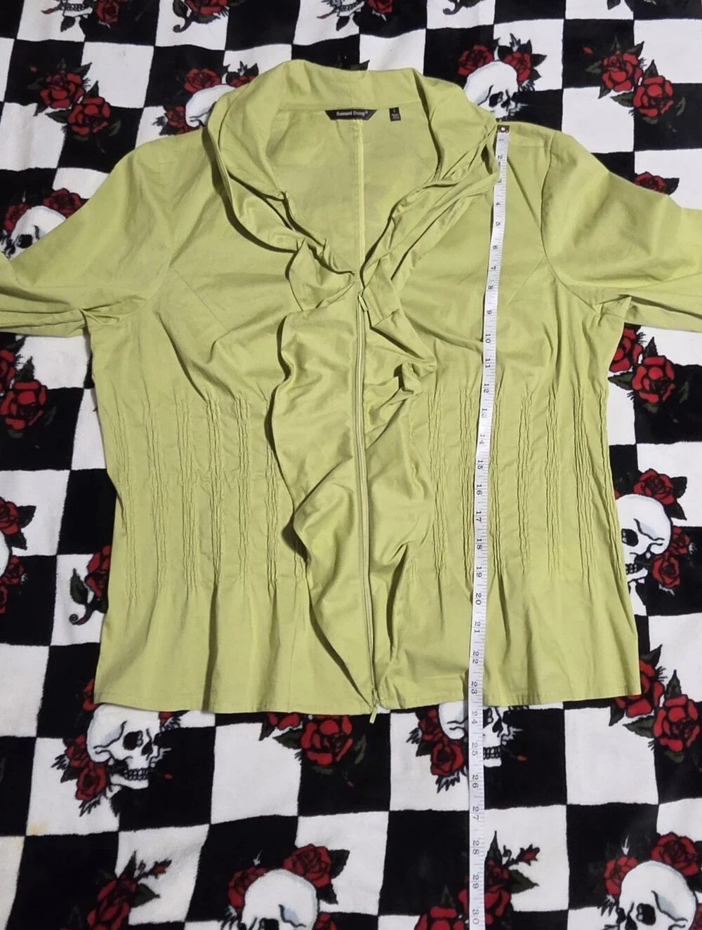 Samuel Dong Lime Green Ruffle Zip-Up Blouse